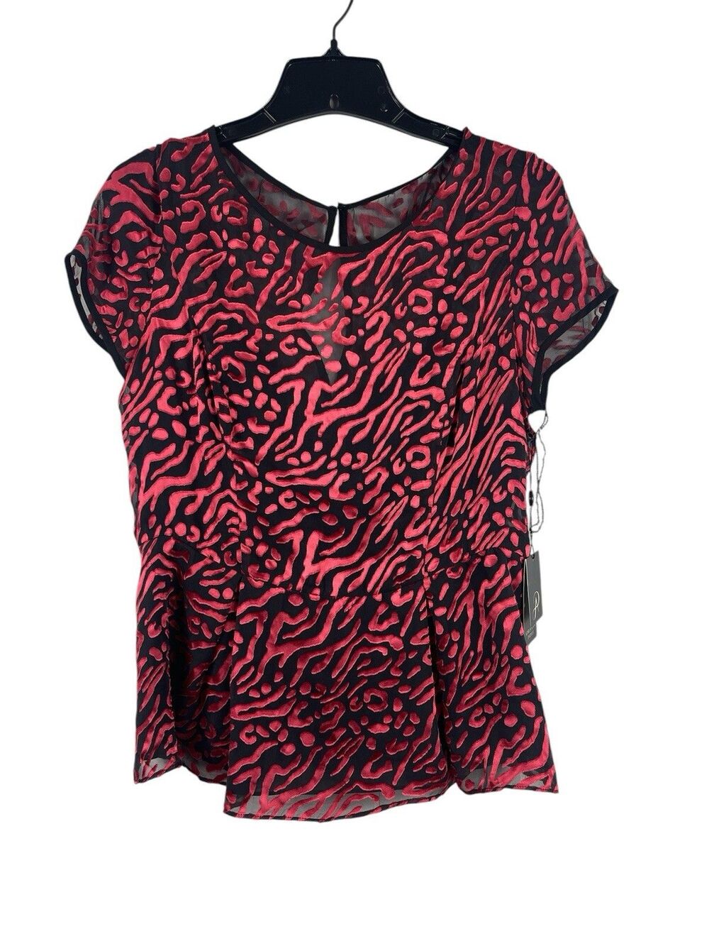 Adrianna Papell Velvet Burnout Silk Blend Red Black Animal Print Top Size 10 NWT